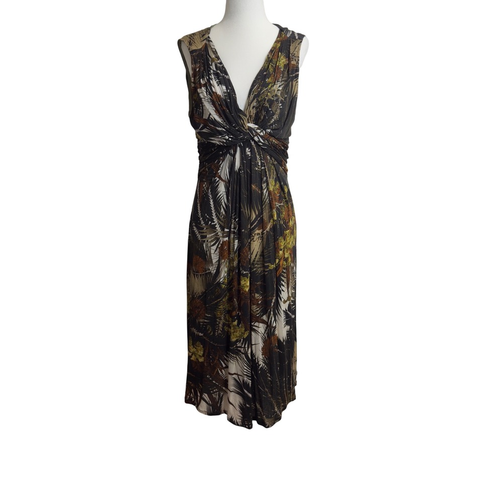Max Mara Studio Tropical Print Twist Front Jersey Midi Dress‎ Brown Green Medium
